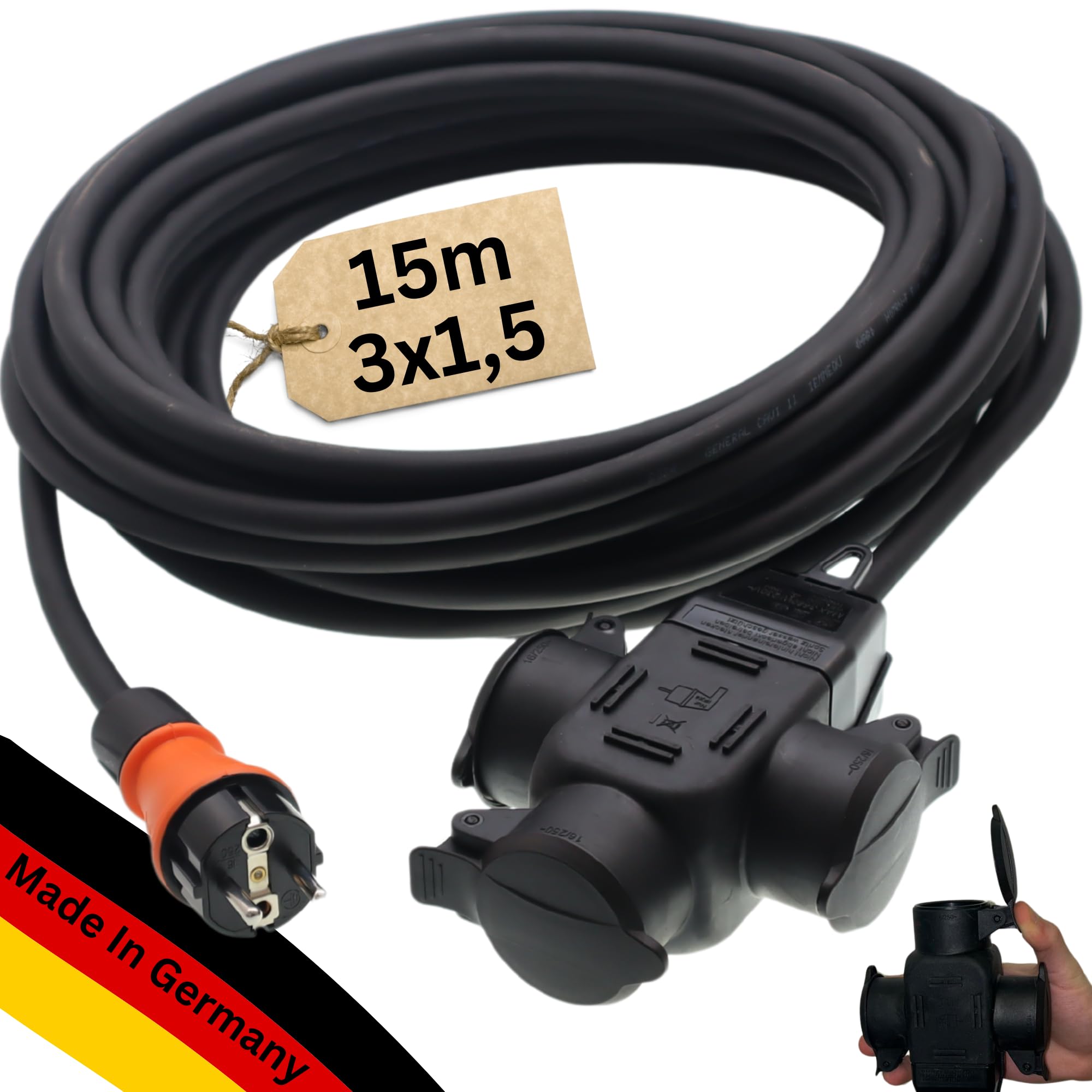 maxgo Verlängerungskabel 15m Außen 3Fach Verteiler Stromkabel Außenbereich Schuko Verlängerung 15 Meter Outdoor Kabel Steckdosenleiste 3-Fach Mehrfachstecker Multisteckdose H07RN-F 3x1,5