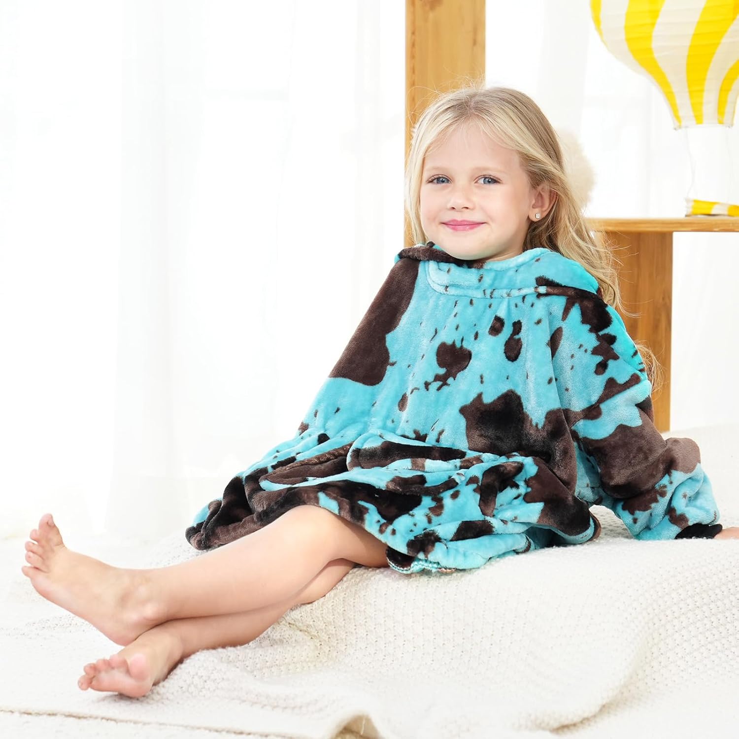 cow print Turquoise Wearable Blanket Hoodies for Kids Gifts for 2-5 Year Old Boys Girls, Soft Fleece Teal Blue Sweatshirt Blanket with Pocket - Image 6