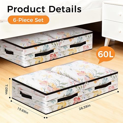 Miniatura 2 de Paquete de 6 bolsas de almacenamiento para debajo de la cama, contenedores de almacenamiento transparentes plegables de 60 litros con asas,