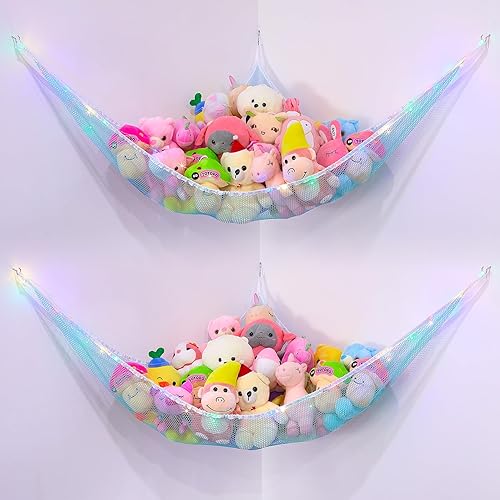 Basumee Red de animales de peluche o hamaca con luz LED, hamaca de red de juguetes para almacenamiento de animales de peluche, hamacas para
