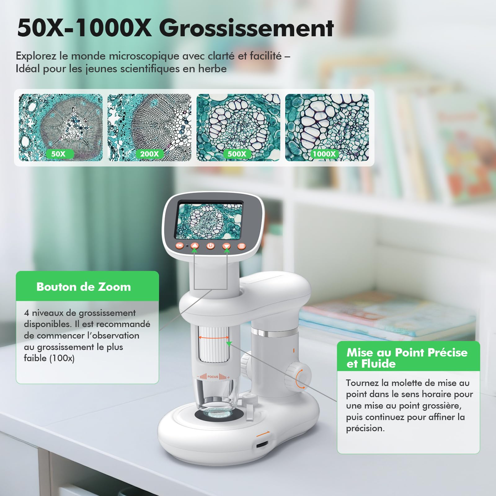 HOMEASY Microscope Enfant: Microscope Numérique 50-1000X avec Écran HD 2,0", 8 LED Réglables, Rechargeable, Compatible Windows/Mac, Stockage Photos/Vidéos, Cadeaux Éducatifs pour Enfants de 4-12 Ans
