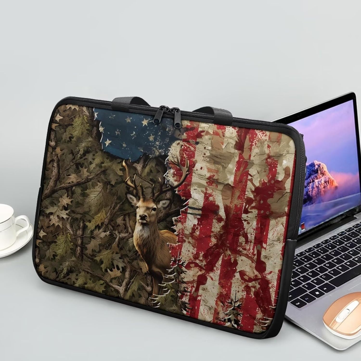 Laptop Bag for Women Men Casual Carrying Bag Durable and Waterproof Briefcase Computer Case with Zipper and Handle Business Office Work Bag, Forest Camo American Flag Deer Print, 17 inch