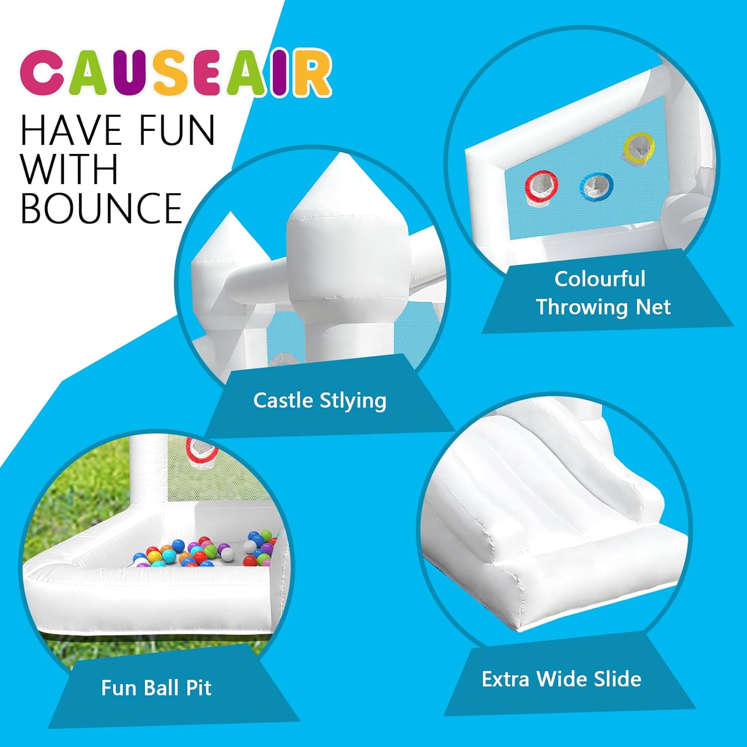 Inflatable White Bounce House with Ball Pit,Bounce Castle Indoor & Outdoor Use,Bouncy House with Blower for Kids 3-8