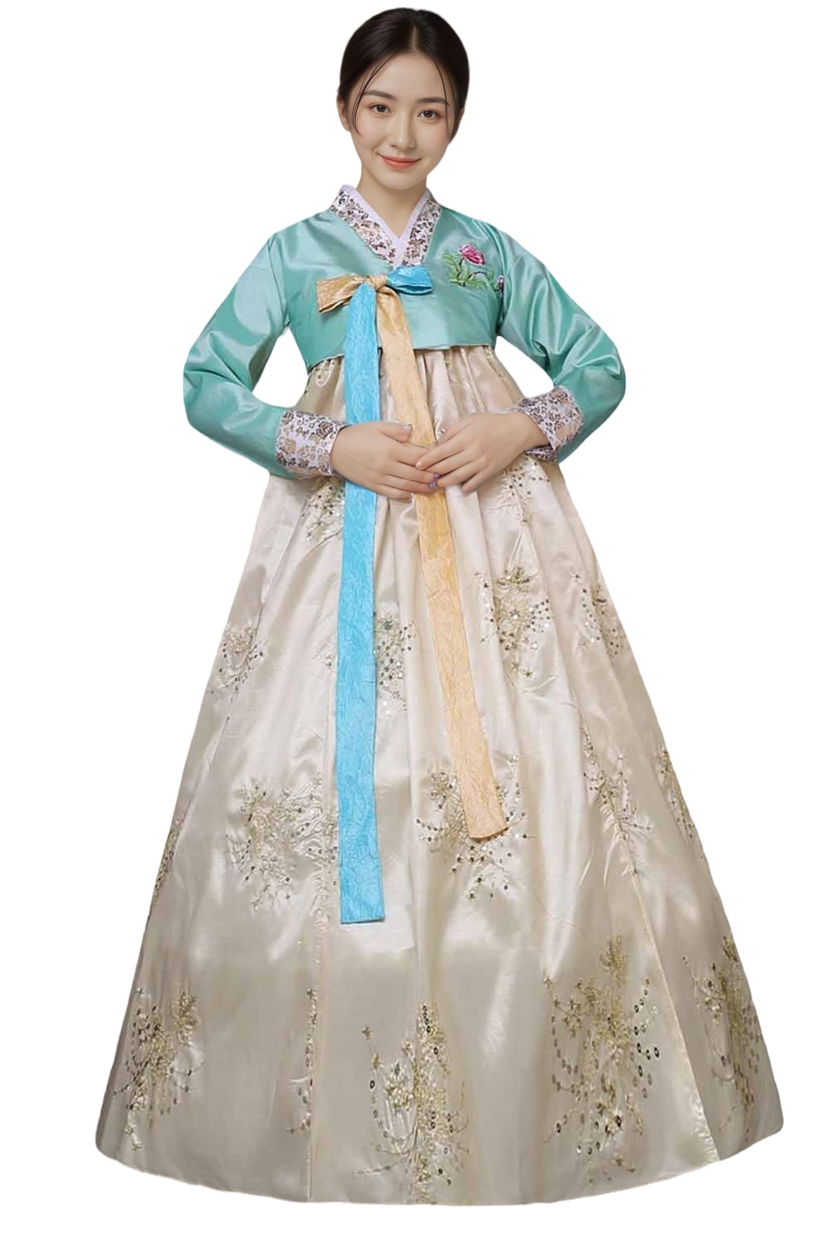 Hanbok tradicional coreano para mujer, vestido de manga larga con bordados florales