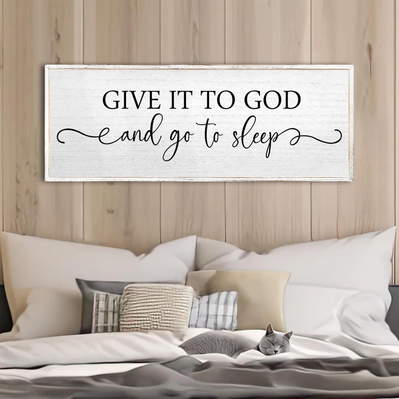 Give It To God And Go To Sleep Wall Decor Sign 40"X15" Master Bedroom Above Bed Wood Framed Large Farmhouse Rustic Over Bed Wall Art Hanging Decoration (White)