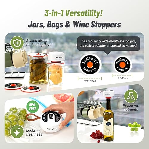 Miniatura 2 de INKBIRD Kit de sellado al vacío de tarros Mason eléctrico 3 en 1 para tarros y bolsas de boca ancharegular, sellador de tarros inalámbrico portátil