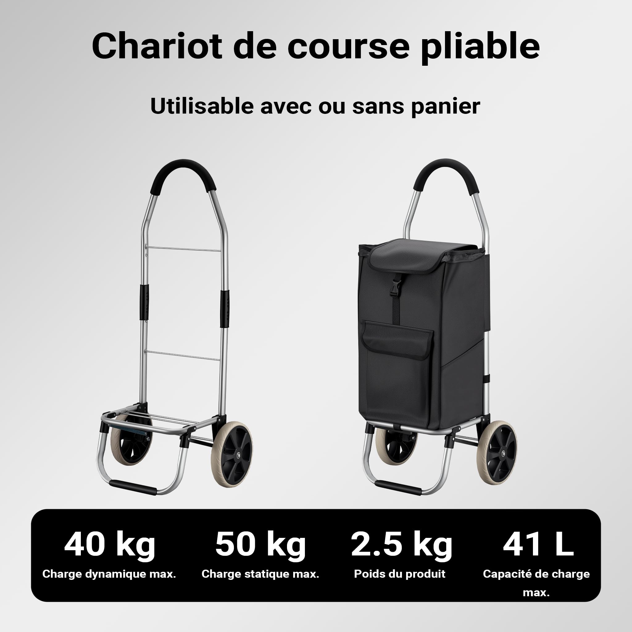 Wiltec Chariot de Course sur Roues – 36,5 x 44 x 103 cm – Pliable à 42 x 21 x 54 cm – Capacité de Poids 40 kg – en Aluminium et Polyester – Caddie de Course, Chariot Roulette Course