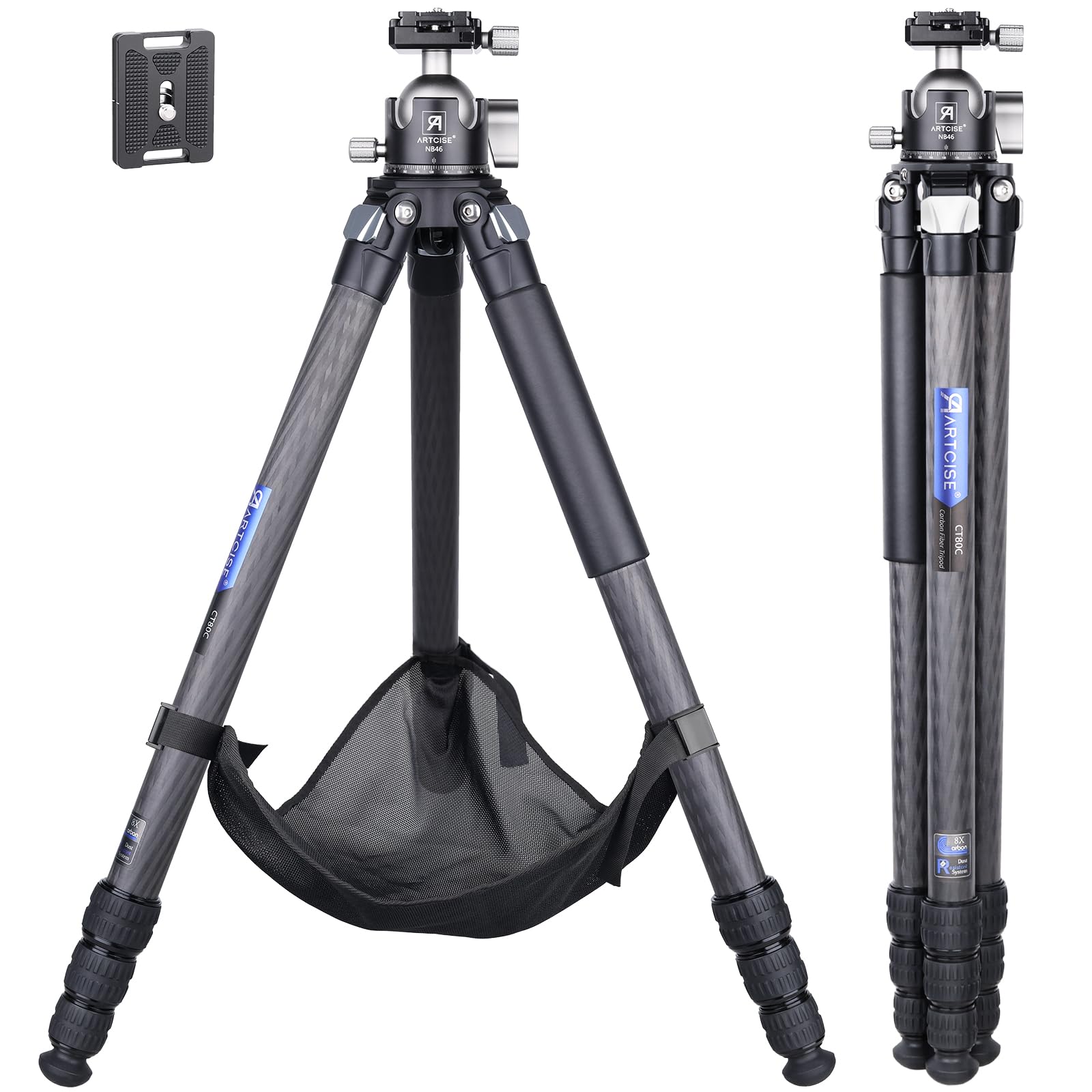 Trípode compacto para cámara de carbono con bola de 46 mm, cabezal de trípode de perfil bajo de 32,5 mm, tubo de pierna máximo, estable y ligero, soporte de viaje de fibra de carbono con cabezal de