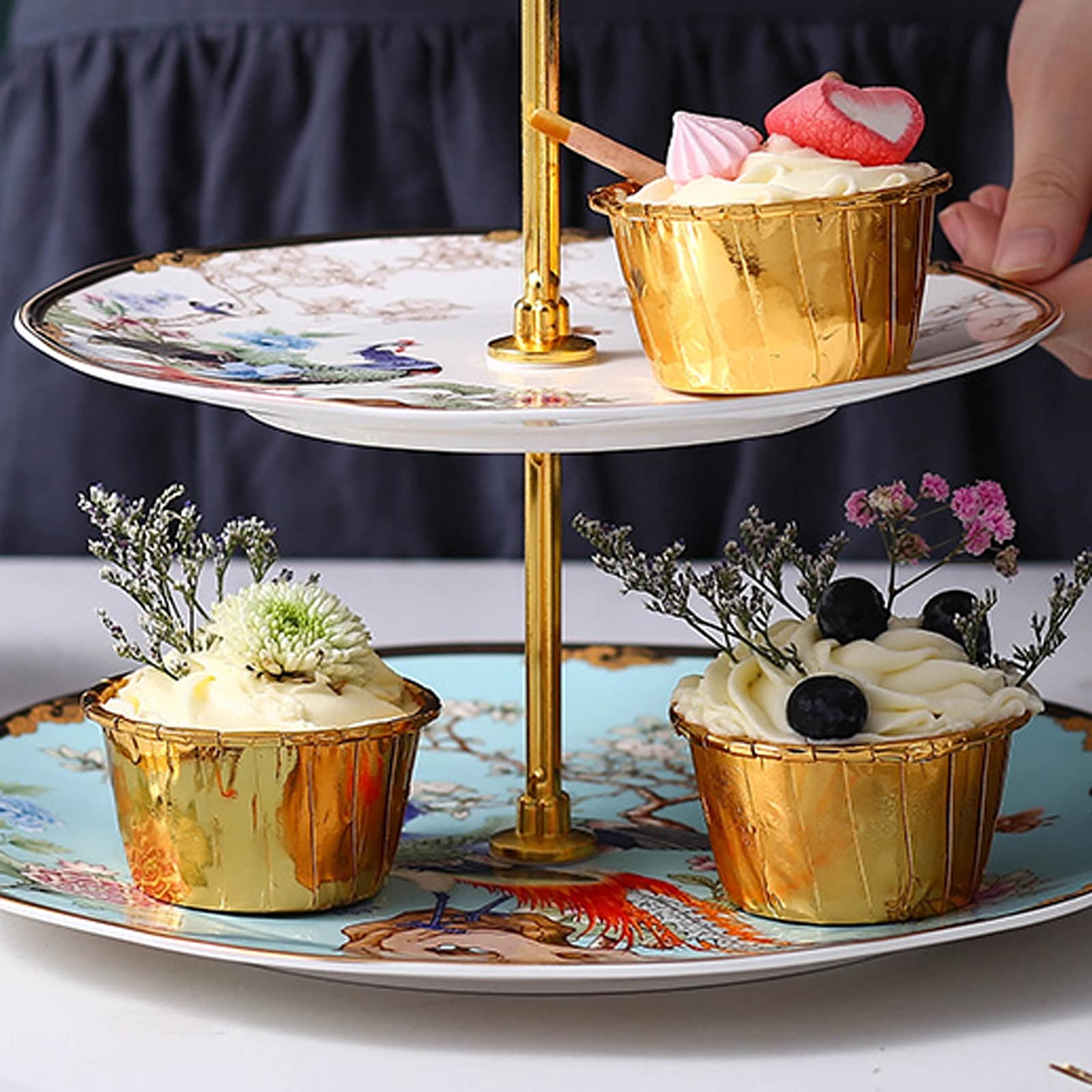 Soporte para Tartas Soporte de Pastel de 3 Niveles con manijas de Metal Postre de cerámica Mesa Desmontable Magdalena Magdalena Soporte de pastelería de pastelería de té de Tarde Bandejas para Tartas