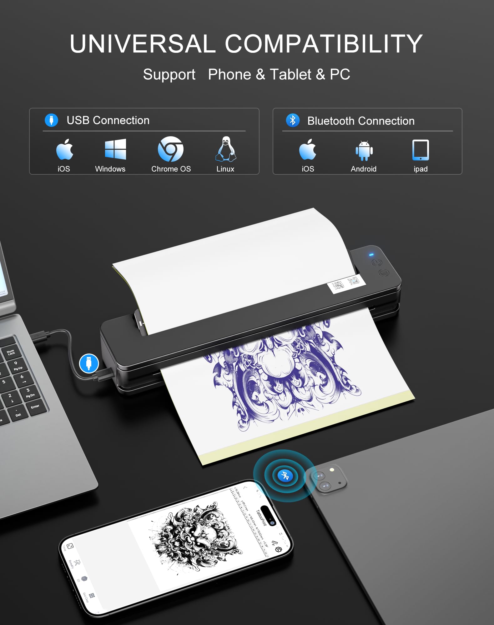 RHEIN Bluetooth Drucker Tragbar 2500mAh Akku Maschine Professionell Transfer Printer mit 10PCS A4 Transferpapier Kompatibel zu Android und iOS T106Z-EU