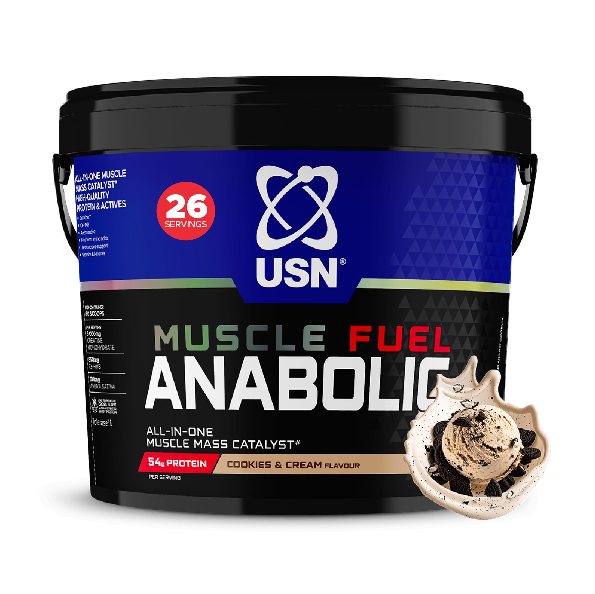 USN Muscle Fuel Anabolic All-In-One Muscle Mass Gainer, Cookies & Cream Flavour - 4kg, 54g Protein Powder, 5g Creatine Powder & 5g BCAAs For Maximum Muscle Growth, Post Workout Recovery Drink Mix