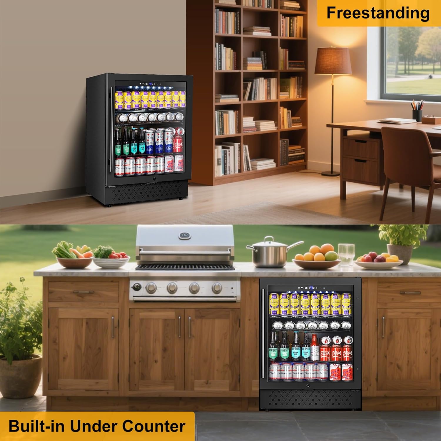 FoMup Beverage Refrigerator 24 Inch 200 Can Drink Fridge with Glass Door, Under Counter/Freestanding Beverage Cooler with Temperature Control, Reversible Door, Quick Cooling for Beer Soda Wine, Black