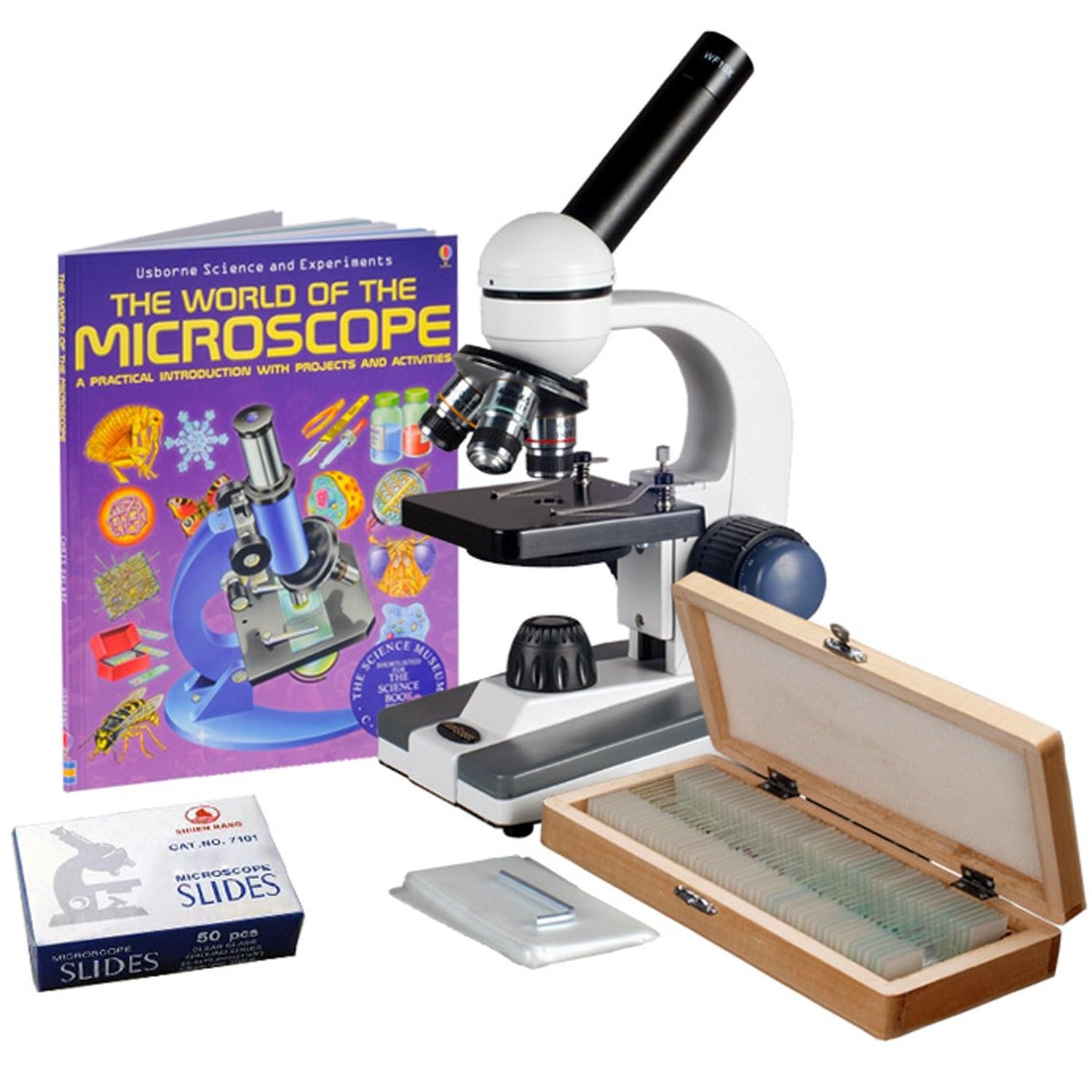 AmScopeM150C-50WM-50P100S Compound Monocular Microscope, WF10x and WF25x Eyepieces, 40x-1000x Magnification, LED Illumination, Brightfield, Single-Lens Condenser, Coaxial Coarse and Fine Focus, Plain Stage, 110V, Includes Set of 50 Prepared Slides, 50 Blank Slides, 100 Coverslips, and Book