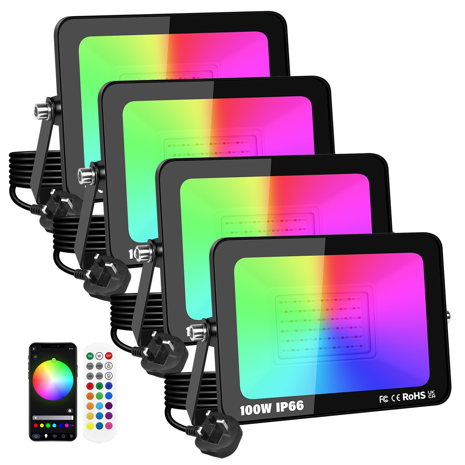 RIGIDON 4 Pack 100W LED Flood Light Outdoor with Plug, Smart RGB DIY Scenes Color Changing Landscape Lighting with APP Control, IP66 Waterproof Flood Lights for Garden Yards Stage House