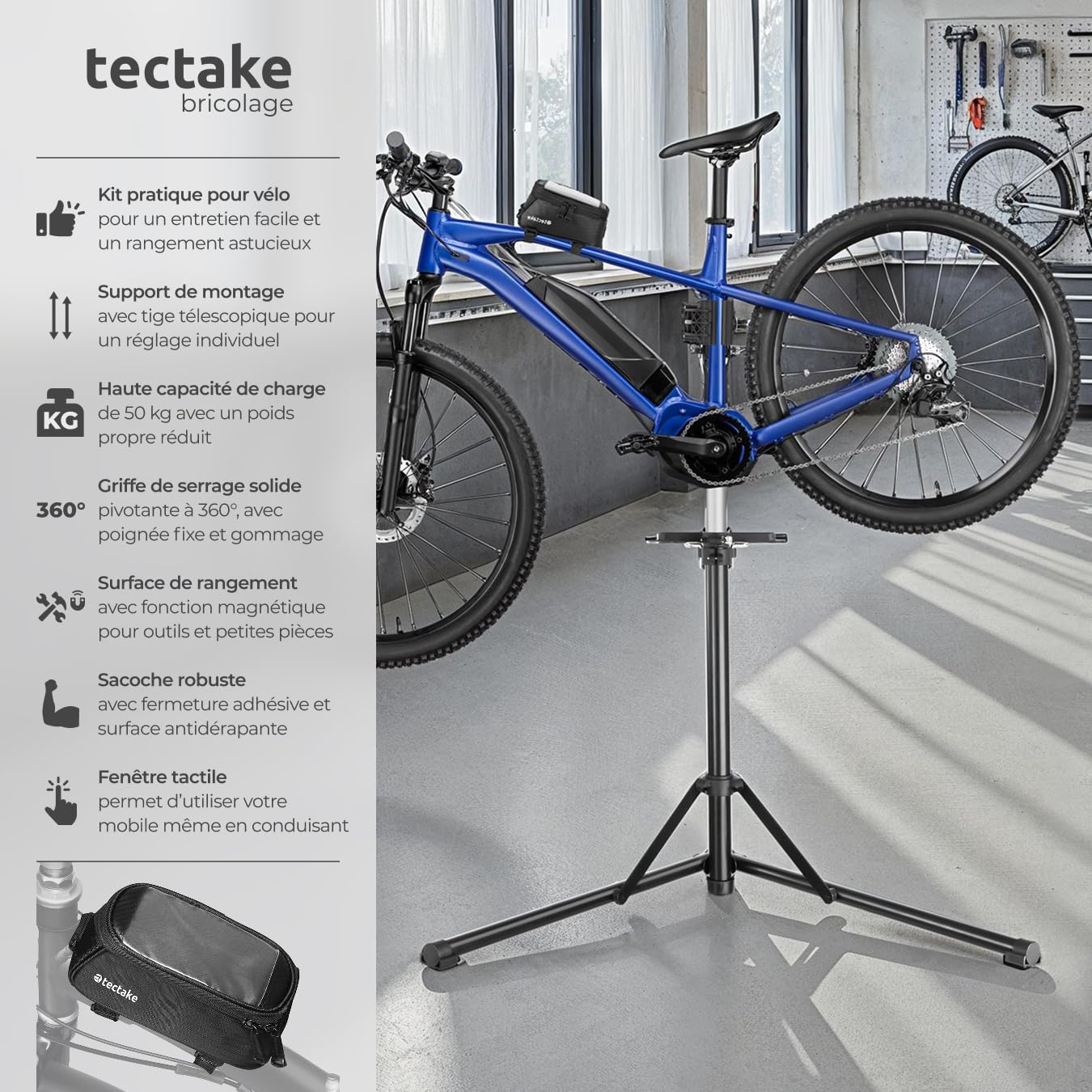 tectake® Set de Support Velo Pieds d'atelier & Sacoche velo, Montage Entretien Reparation VTT Vélo électrique Velo de course, Support pour Outils, Charge max. 50kg Réglable Pliable 108x81x106-169 cm