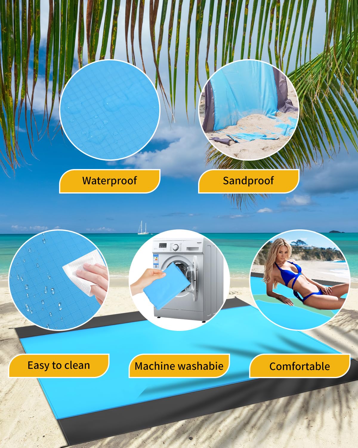 210x200cm Tapis de Plage Imperméable,Anti Sable Tapis Imperméable,Couverture de Plage Large Anti Sable,Compact Natte de Plage,avec 4 Piquets de Plage pour Plage,Camping,Picnic,Voyage(Bleu Gris)