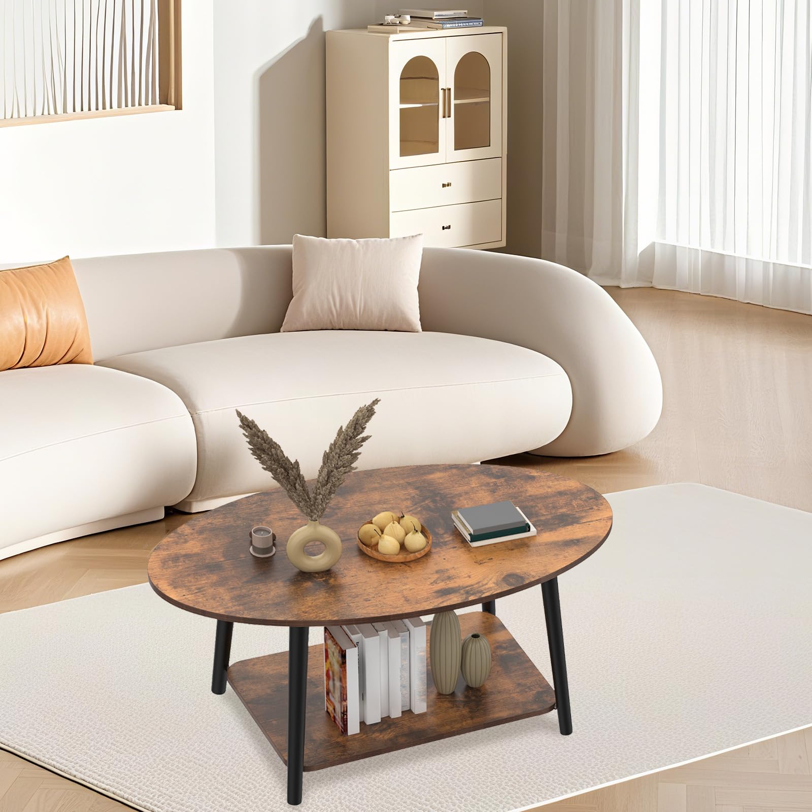 HUOLE Mesa de té de madera, mesa de centro ovalada con estante, muebles de salón, diseño aglomerado, madera de haya, 100 x 53 x 45 cm, madera quemada