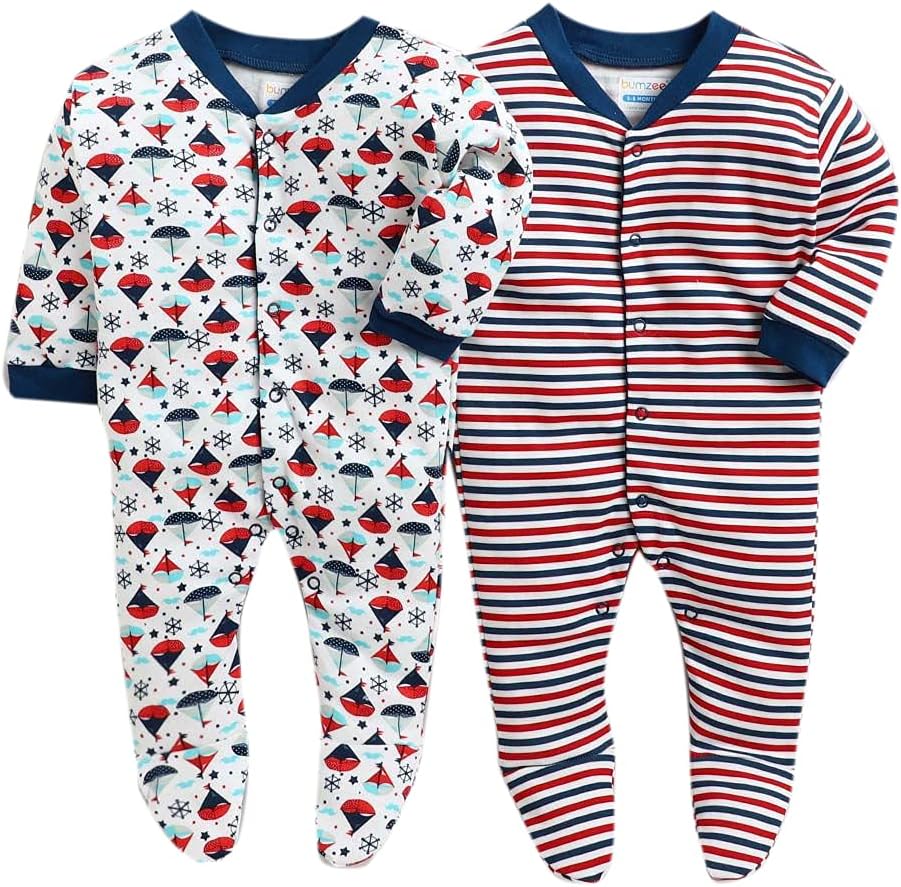 Baby Boys Cotton Stripes Printed Footie Pack of 2 in Navy Color for Ages 0-3 Months (BUV-3565365)