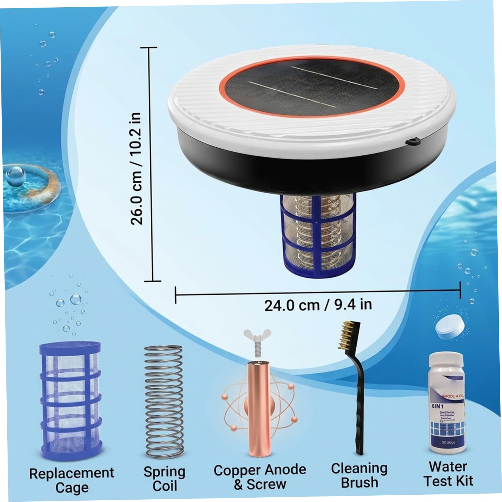Ionizador solar para piscinas |.reduce los costos de productos químicos con la desinfección con iones de cobre para piscinas enterradas o elevadas |.Accesorio de piscina ABS