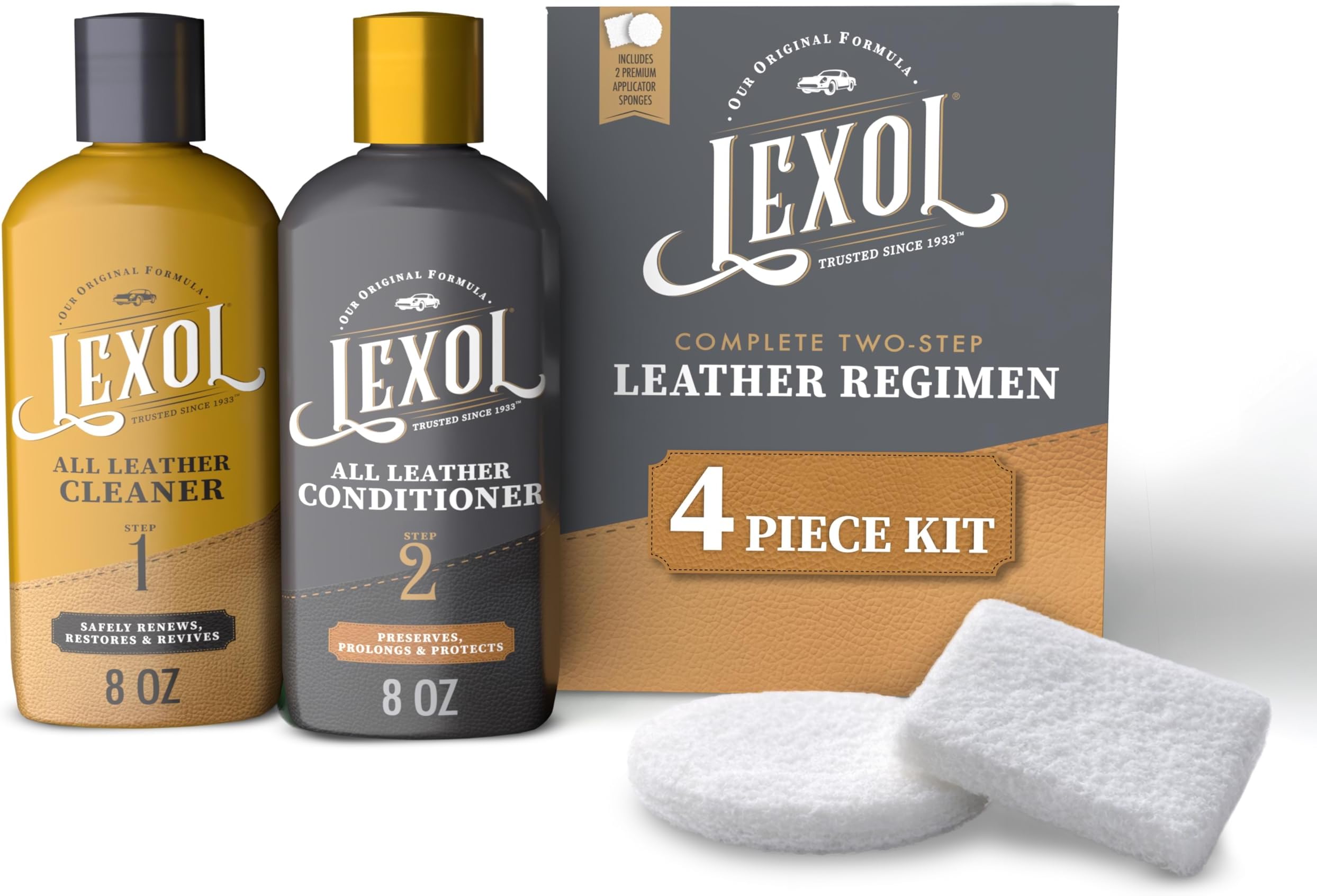 Lexol (レクソル) コンディショナークリーナーキット カーレザー 家具 靴 バッグ アクセサリーに使用 素早く簡単なステップレジメン 8オンスボトル 2つの塗布スポンジ付き