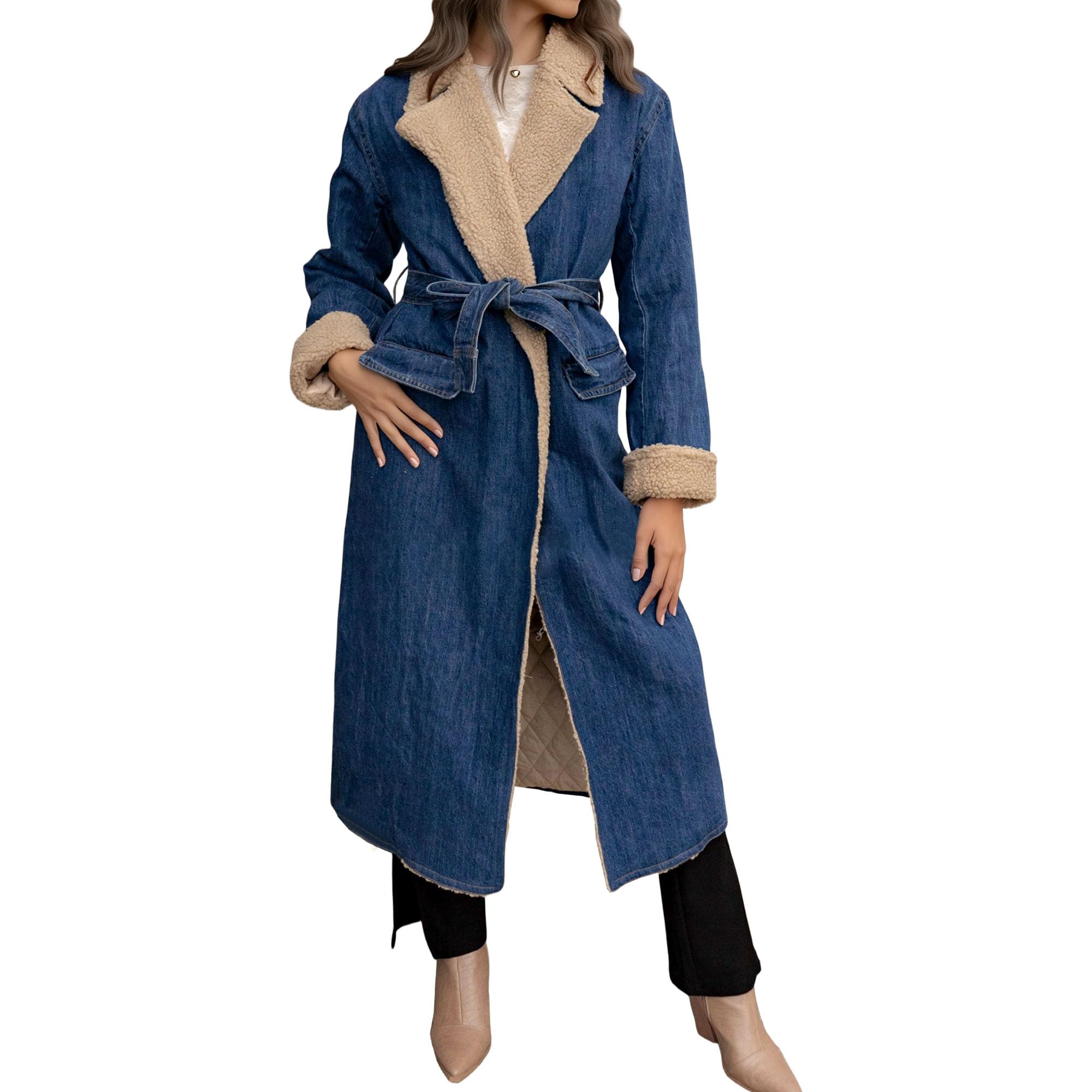 Gabardina vaquera larga para mujer, chaqueta vaquera con forro de sherpa, forro polar, cálida, informal, con cinturón, para invierno