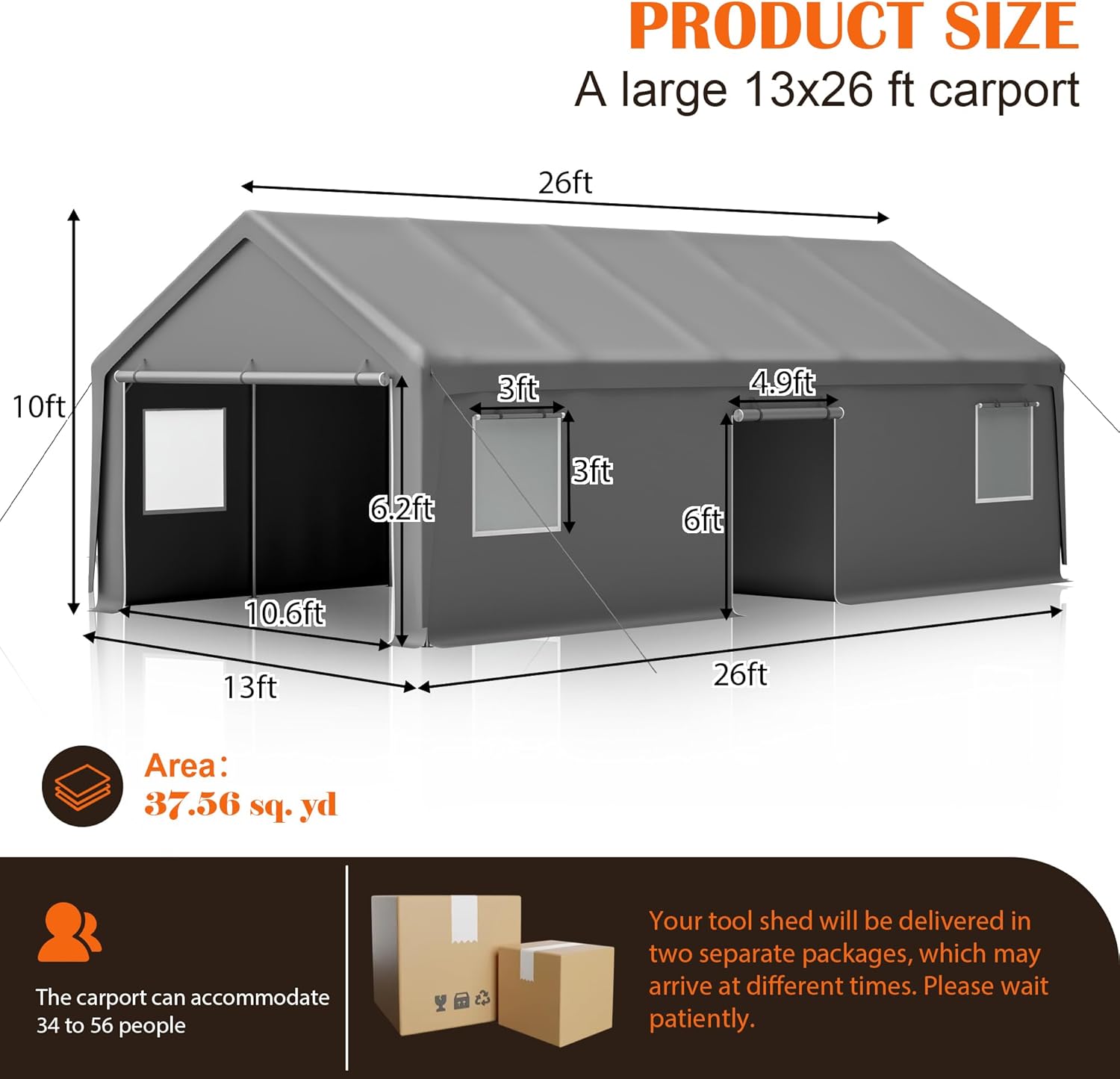 Diagram showing the dimensions of the 13x26x10 foot carport