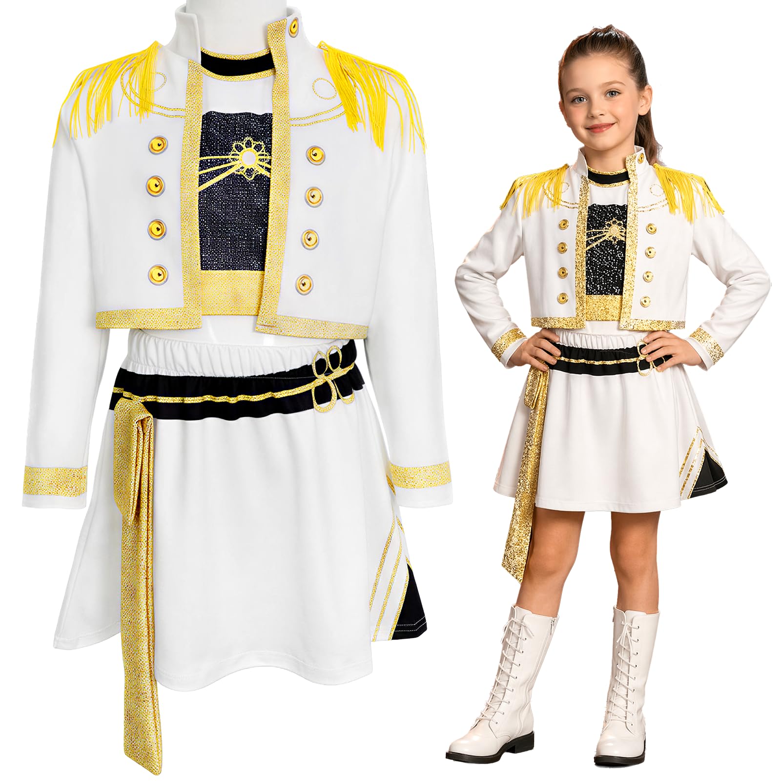Yeria Kids Pop Star Costume for Girls – White Fringe Outfit 3-Piece Set（Vest, Jacket, Skirt）, K-Pop Rumi Stage Performer Dress Up for 3-4 Years,Halloween, Fancy Dress, Carnival (Size 140)
