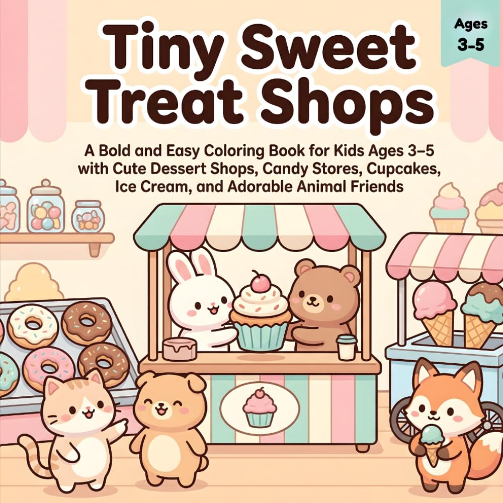 Tiny Sweet Treat Shops: A Bold and Easy Coloring Book for Kids Ages 3–5 with Cute Dessert Shops, Candy Stores, Cupcakes, Ice Cream, and Adorable Animal Friends