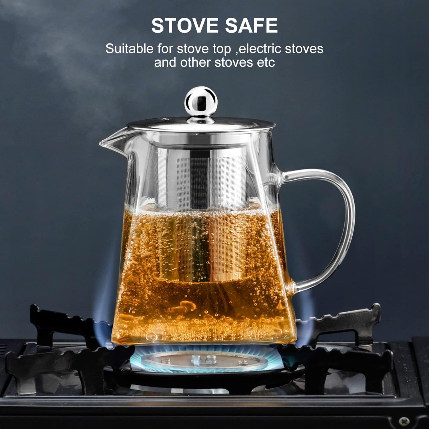 Bellemax 1000ML Glass Kettle Teapot with Removable Infuser & Stainless Stelel Lid & Handle, Glass Tea Kettle Stovetop Safe, Great for Loose Leaf Tea, Blooming Tea & Fruit Infused Water 1 Litre (BW-03) 3