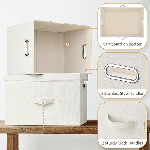 Miniatura 3 de Bellzacasa Contenedores de almacenamiento plegables grandes con tapas, paquete de 3 contenedores plegables de tela de lino con 4 asas, cestas de