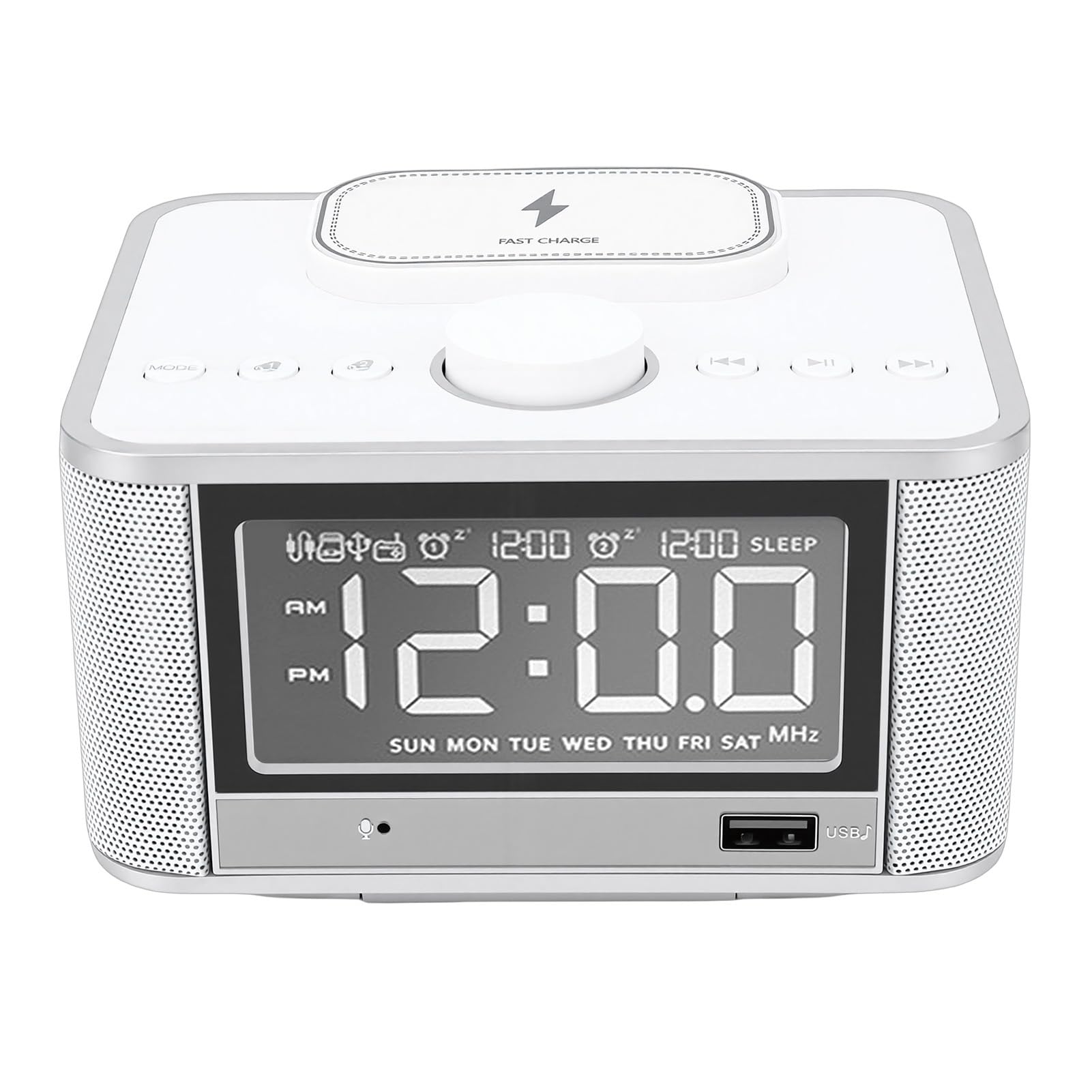 AMONIDA Sveglia con Altoparlante da 5 W, Radio FM con Ricarica Wireless, Display LCD e Porta AUX, per la Camera da Letto 'ufficio Domestico (Spina europea)