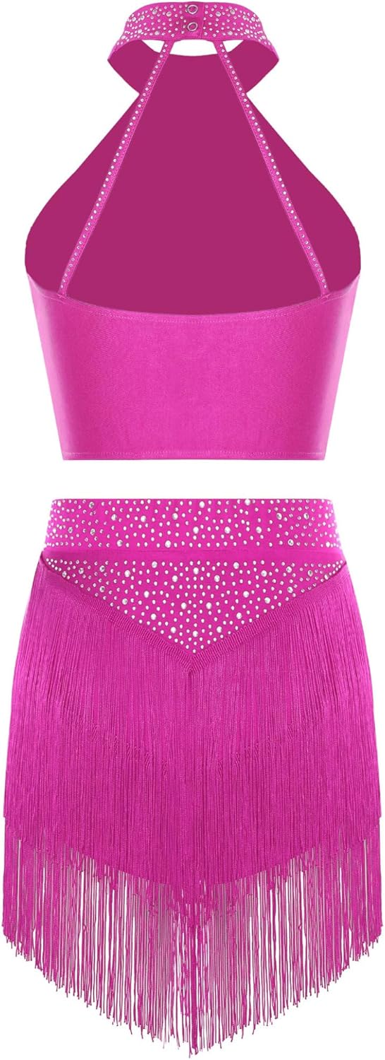 Loyan Women Latin Chacha Salsa Dance Set Shiny Belly Dance Outfits Rave Party Costume Halter Crop Top and Tassels Skirt