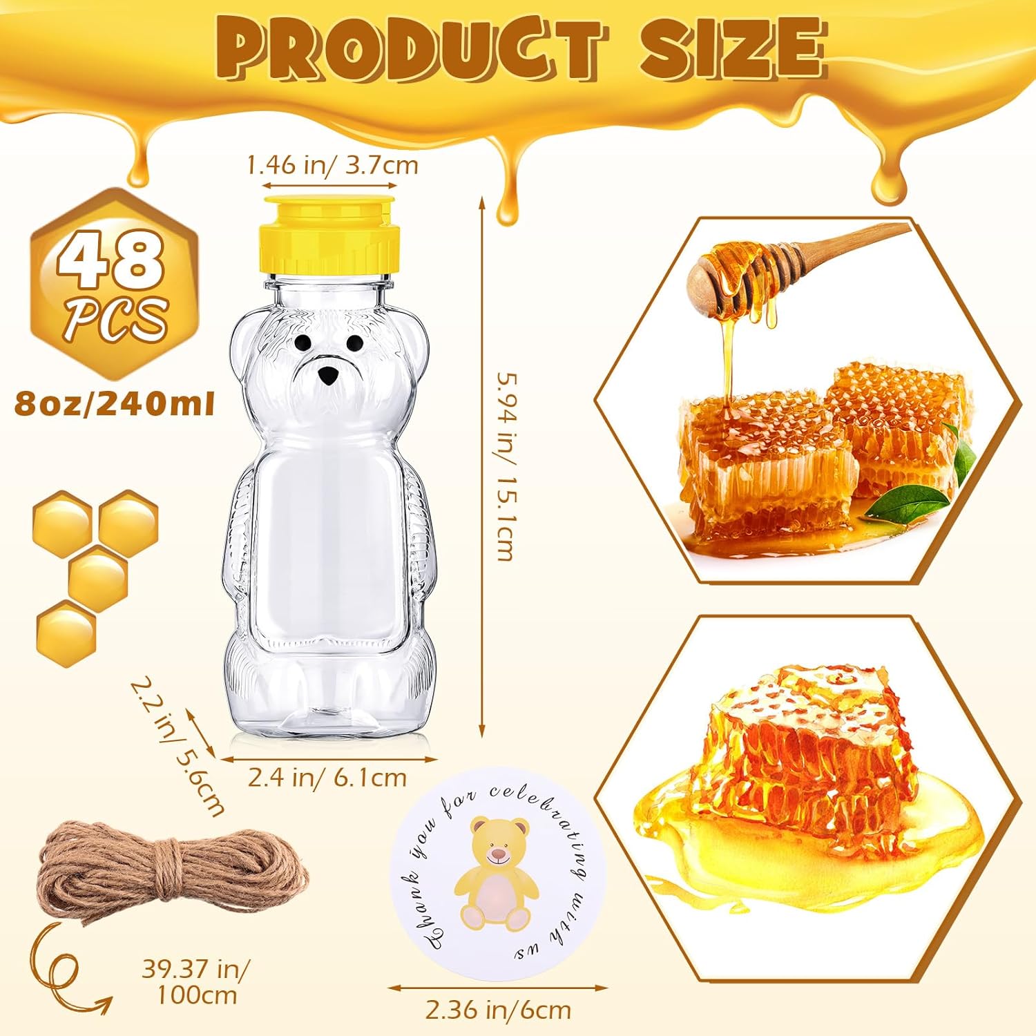 Mifoci 48 Pcs 8 oz Plastic Bear Honey Squeeze Bottle with Flip Top Lid Empty Honey Jar Containers Bear Cup with 48 Thank You Tags and Jute Rope for Baby Shower Favor