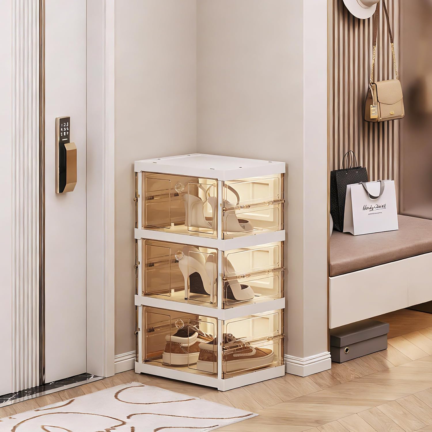 Foldable Collapsible Shoe Box Organizer Rack – 3 Tier Stackable Clear Sneaker Storage Boxes with Lids, Folding Shoe Cabinet Shelf, Plastic Portable Storage Bins with Easy Assembly for Closet Entryway