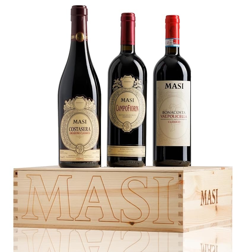 Immagine del prodotto Confezione esclusiva ''Masi iconici'' | COSTASERA 2018 Amarone Classico DOCG, CAMPOFIORIN 2020 Rosso Verona IGT, BONACOSTA 2022 Valpolicella Classico DOC | 3X750 ml | Confezione in legno