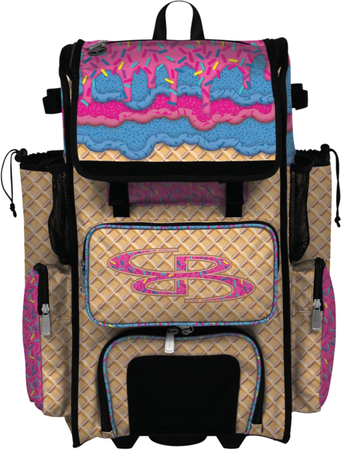 Boombah Rolling Superpack Baseball/Softball Gear Bag - Telescopic Handle - Holds 4 Bats - Wheeled Version - Ice Cream - Multiple Color Options