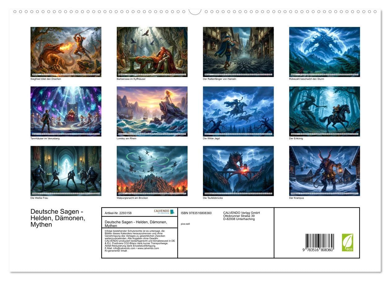 Deutsche Sagen - Helden, Dämonen, Mythen (hochwertiger Premium Wandkalender 2027 DIN A2 quer), Kunstdruck in Hochglanz: Epische Illustrationen ... und voller Legenden. (CALVENDO Kunst)