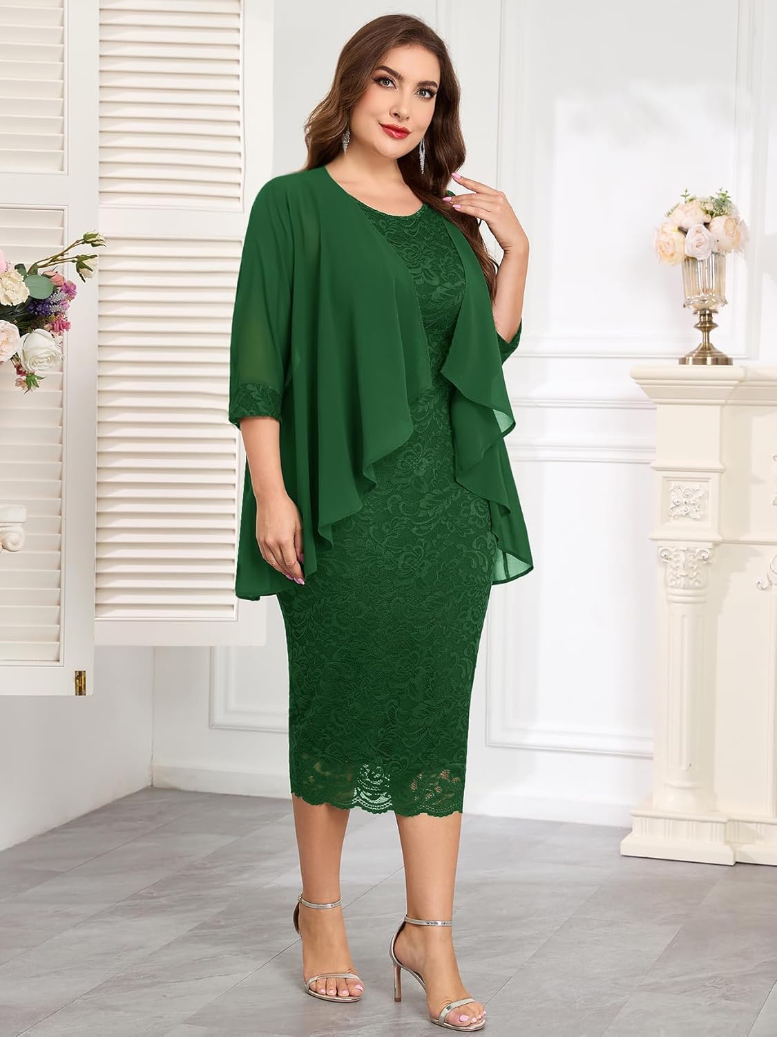 Formal Plus Size Mother of The Bride 2 Piece Suit Lace Dress with Chiffon Jacket Set Wedding Guest, Dark Green, 2X - Image 4