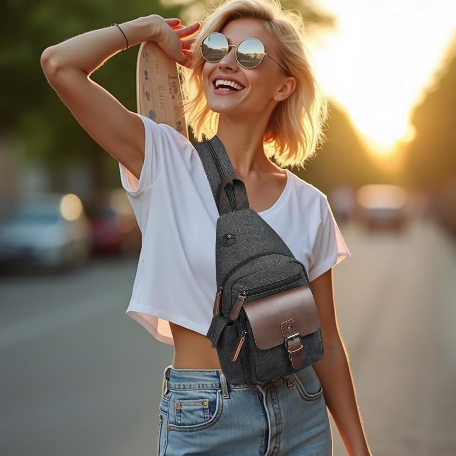 Canvas Sling Bag for Women Men, Crossbody Backpack Vintage, Shoulder Bag W/Leather Accents for Outdoor Cycling Hiking Travel, Black - Image 7