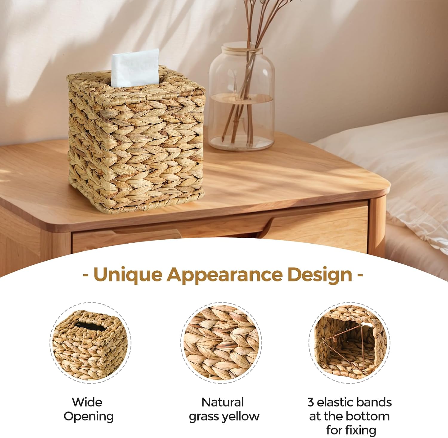 4 Pack Wicker Tissue Box Cover, Rattan Tissue Box Holder Square, Boho Decorative Woven Water Hyacinth Cube Tissue Holders