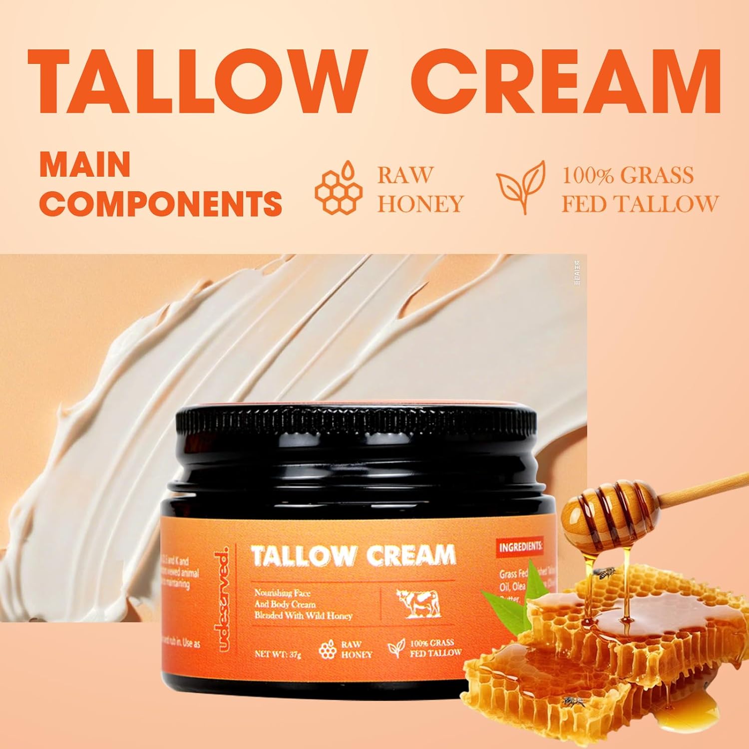Grass-Fed Beef Tallow And Honey Balm – Whipped Face Moisturizer For Dry & Sensitive Skin – Natural Skin Care For Face & Body – Handcrafted With Raw Honey & Olive Oil – 1.3 oz