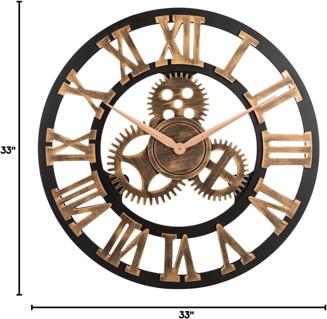 33" Roman Bronze Noiseless Silent Gear Wall Clock - Large 3D Retro Rustic Country Decorative Luxury Art Big Wooden Vintage for House Warming Gift (33 inches, Roman-Anti-Bronze)