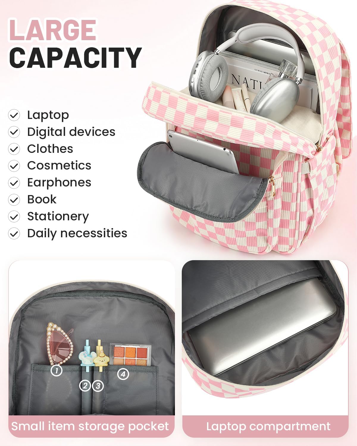 Corduroy Laptop Backpack for Women, Fits 15.6 Inch Computer Bag, College High School Bookbag Travel Daypack Purse, Work Business Bags - Corduroy Checkered Pink