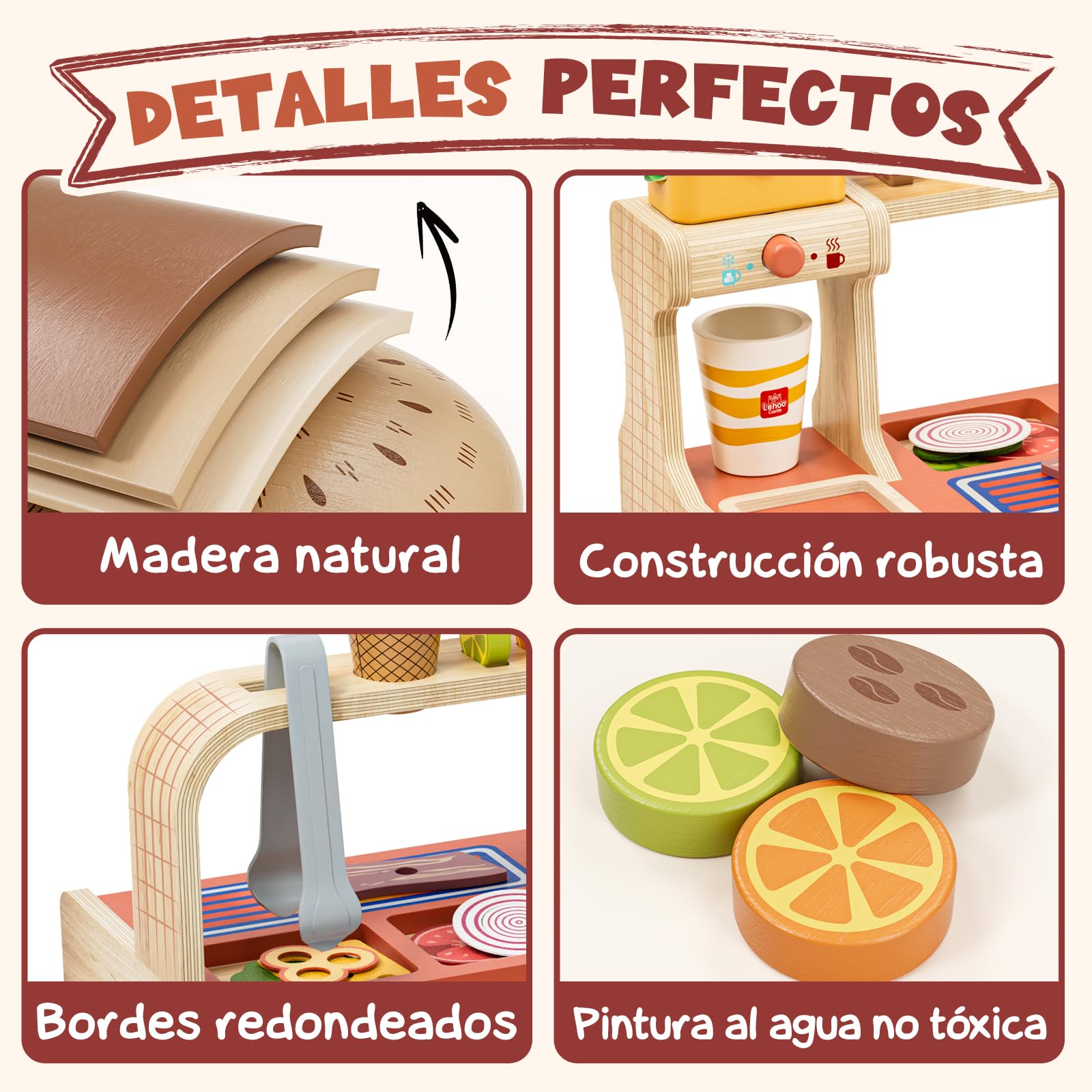 Lehoo Castle Cocinita Infantil, Cocina Juguete de Madera, Juego de Comida de Hamburguesa, Accesorios Cocina Juguetes, Juguetes Educativos para Niños 3 4 5 6 Niños y Niñas