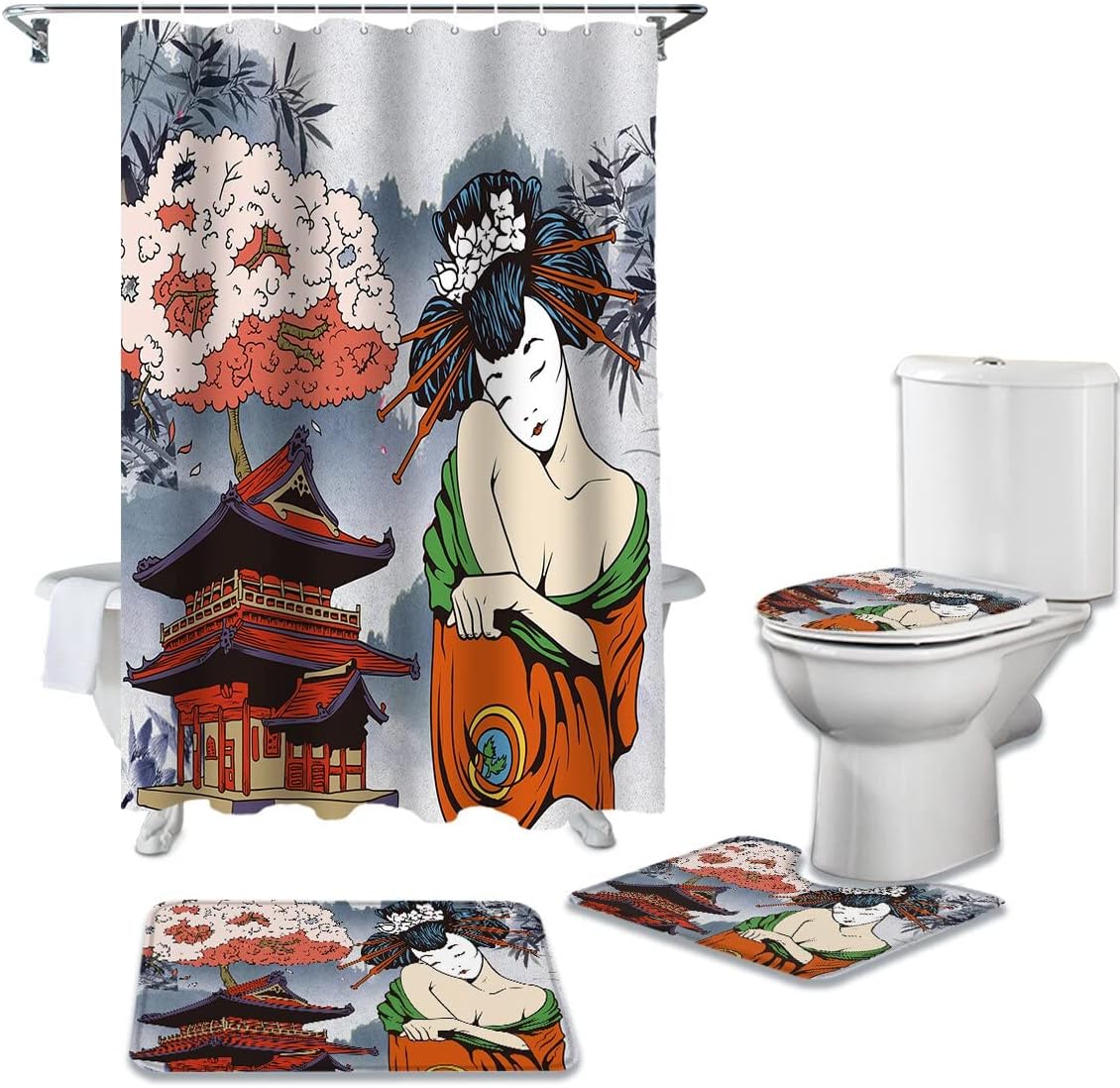 SHUOFUSHJapanese Geisha Shower Curtains Set Bathroom Waterproof Shower non-slip Curtain Bathroom Set with Shower Curtain and Rugs Toilet 4-piece set 180X180 cm