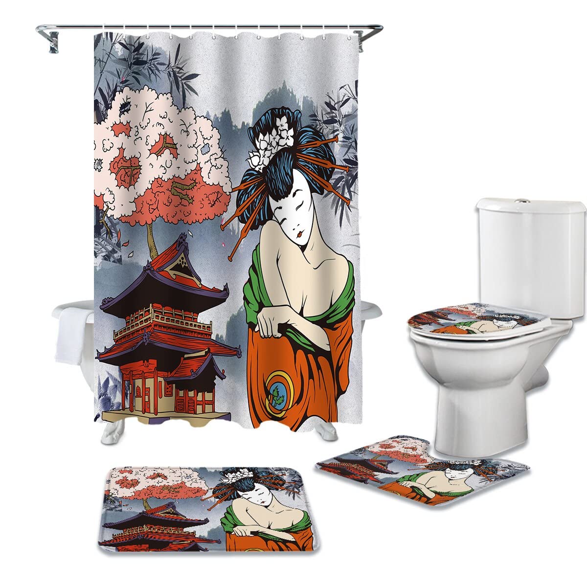 SHUOFUSHJapanese Geisha Shower Curtains Set Bathroom Waterproof Shower non-slip Curtain Bathroom Set with Shower Curtain and Rugs Toilet 4-piece set 180X180 cm