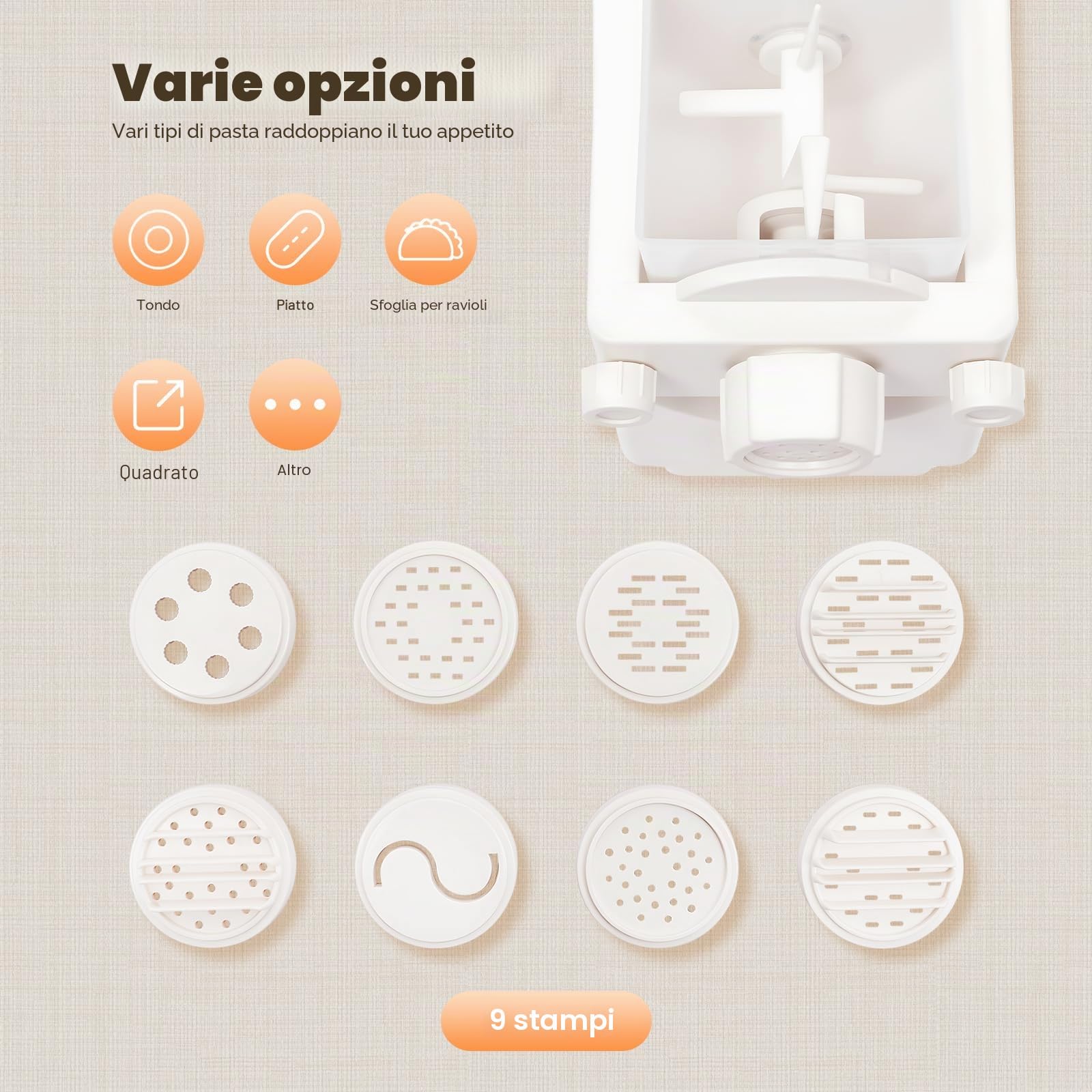 Macchina per la pasta, Pasta Maker Automatico con motore in rame, pasta fatta in casa in 12 minuti, 9 forme in acciaio inox, modalità retromarcia, pasta per verdure, clip di sicurezza, capacità 500g