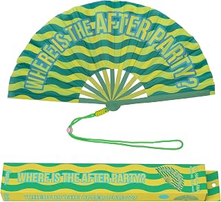 Fisura – XXL Handfächer mit Spruch „After Party?“. Großer Festivalfächer aus Holz, modern und farbenfroh, Handventilator in Grün, inklusive Trageschlaufe, Maße 64 x 33 cm