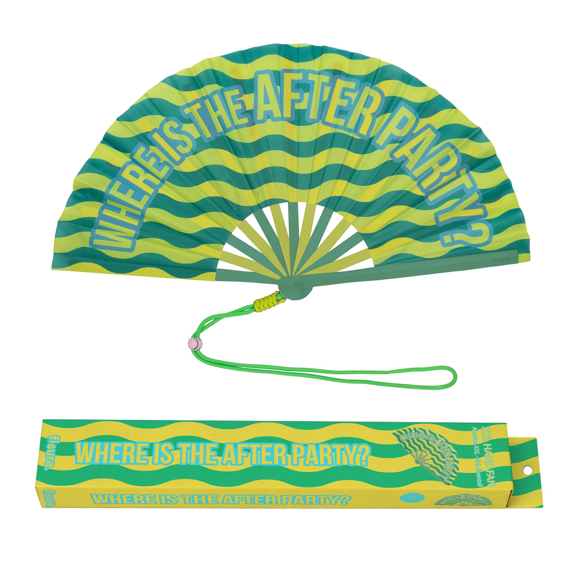 Fisura – XXL Folding Fan “After Party?”. Large Festival Handheld Fan with Wooden Frame. Green Folding Fan with Holder Included. Size: 25.2 × 13 in.