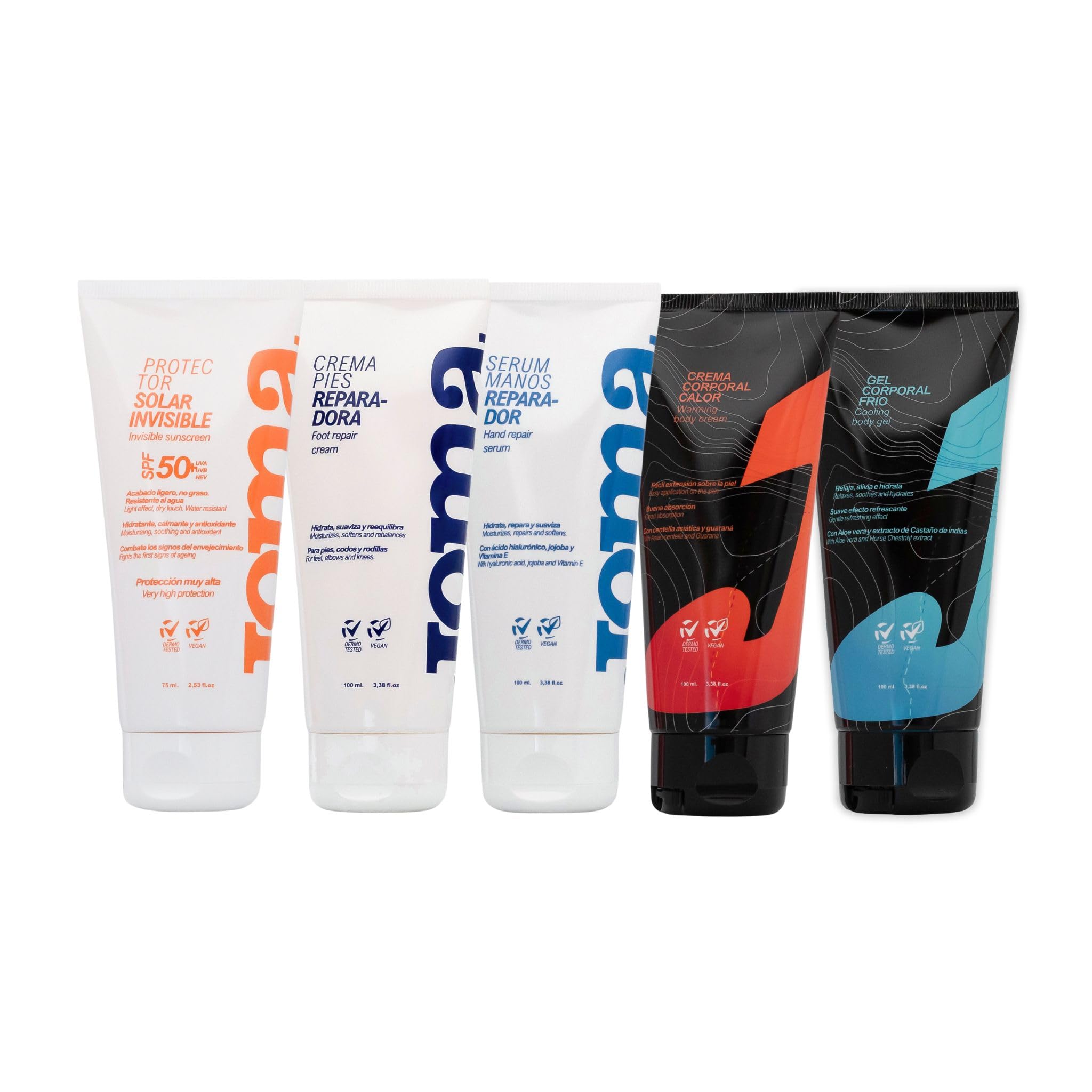 Valquer Confezione Cosmetici per Sport: Gel Effetto Freddo, Crema Effetto Calore, Crema Riparazione Piedi, Siero Riparatore Mani e Siero Viso Solare - 5 DS
